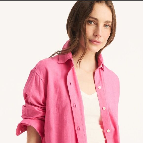 Nautica Jeans oversized small hot pink summer long sleeve button up linen blend - Picture 1 of 10
